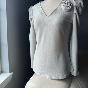 Shimmer V-Neck Long Sleeve Blouse with Rosette
